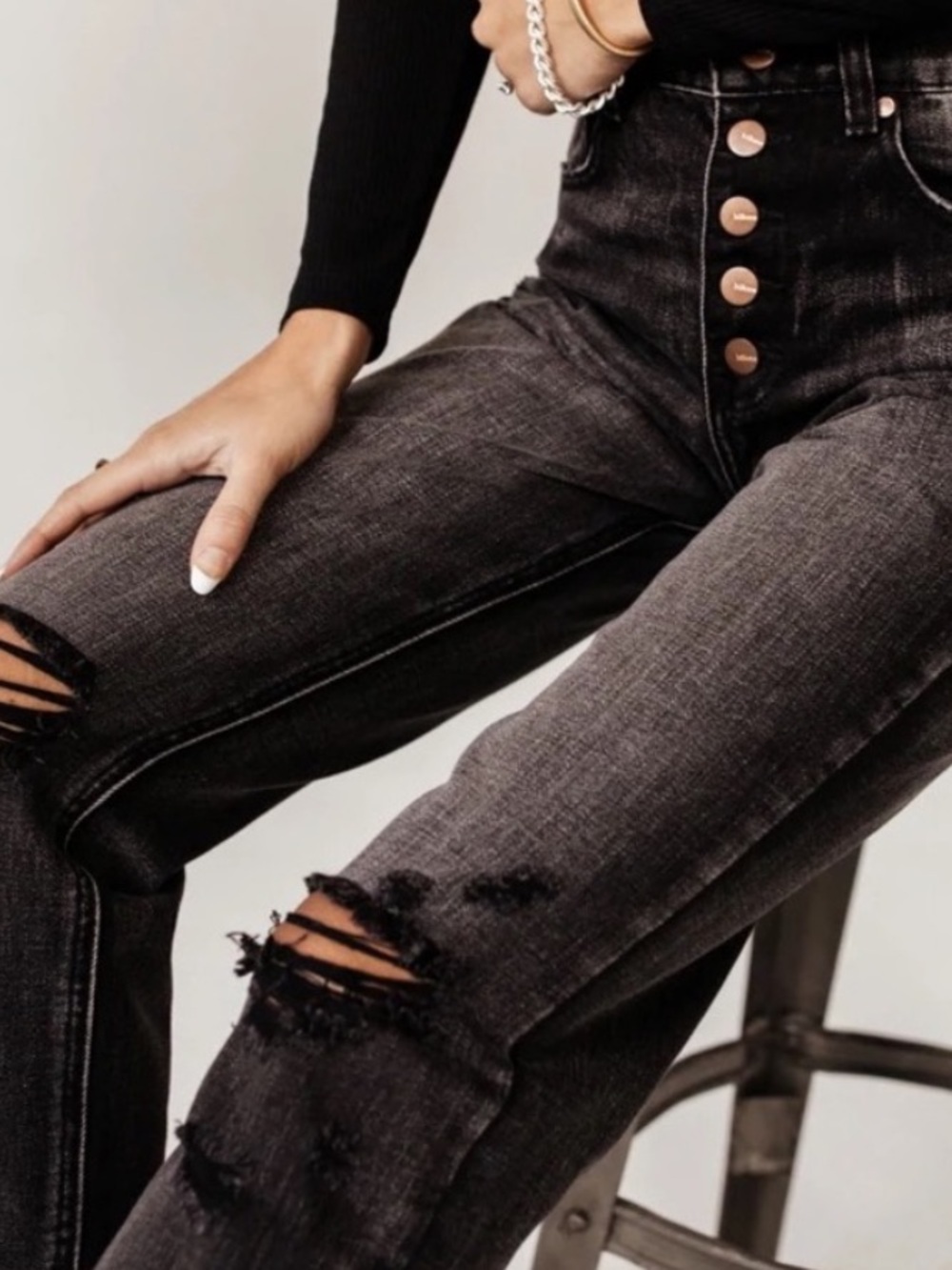 bohme Black Washed Distressed Straight Leg Ankle Jeans High Rise Cotton size 24